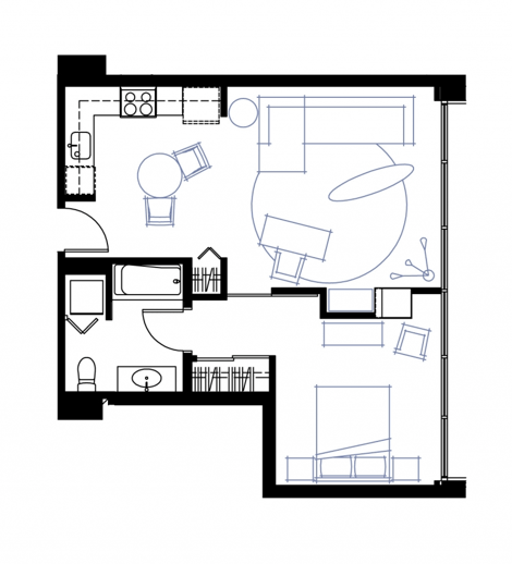 Floor plan for 1 bed, 1 bath, 653 sqft